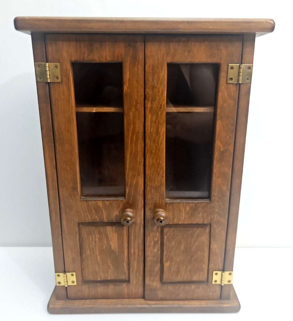 Vintage Wood Wall Curio Cabinet Real Glass Double Doors 2 Shelves 14" Price